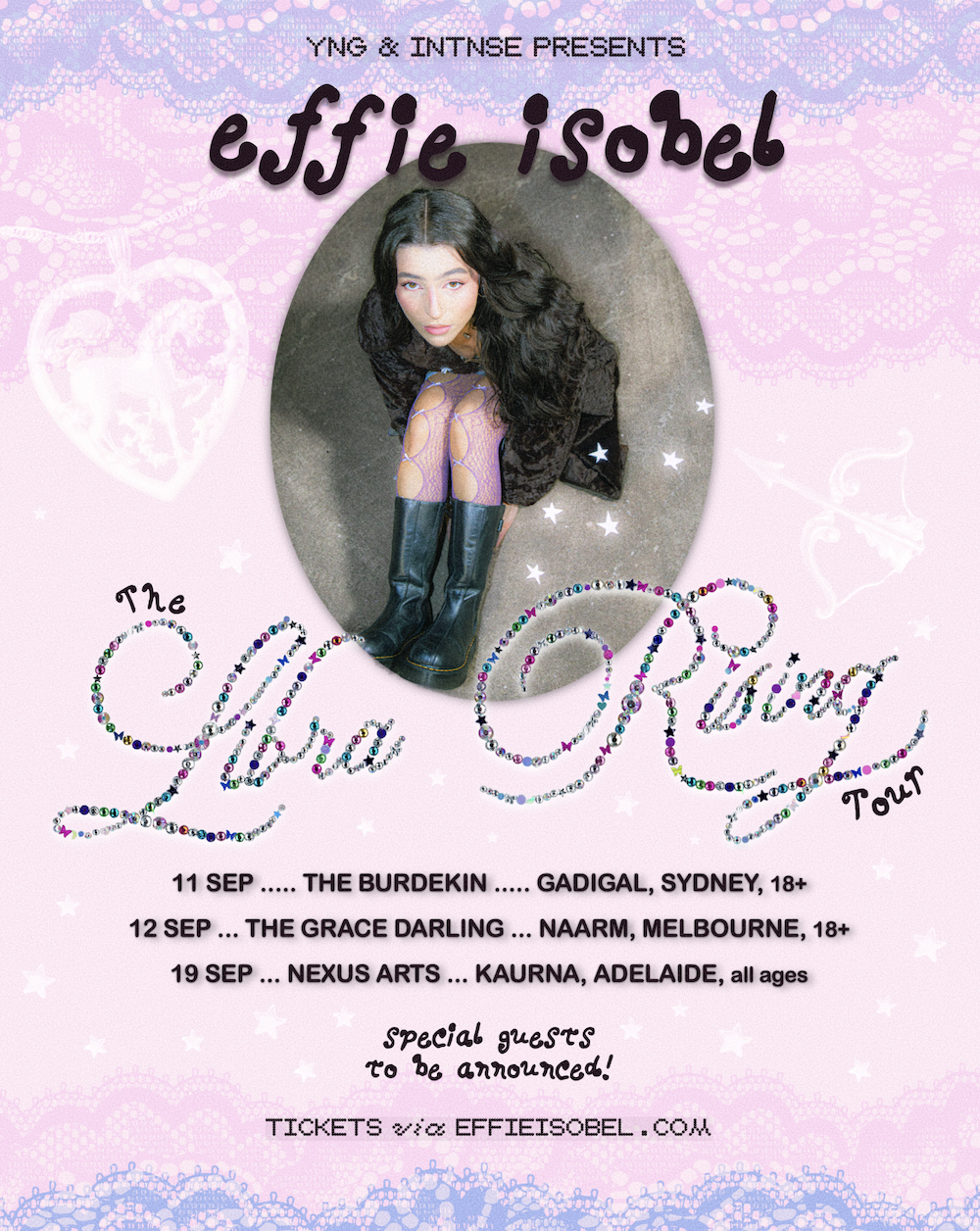Effie Isobel "The Libra Rising Tour" poster featuring her photo on a pink, lace-themed background with Australian tour dates and venues.
